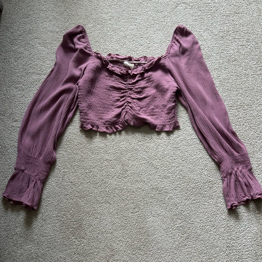 Purple Puff Sleeve Ruched Crop Blouse